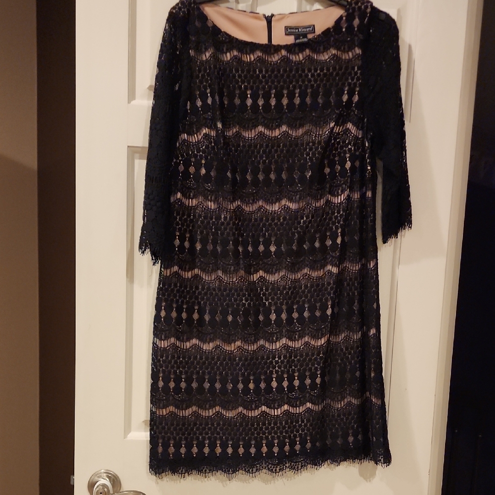 Jessica Howard Black Lace Overlay Sheath Dress with Nude Lining